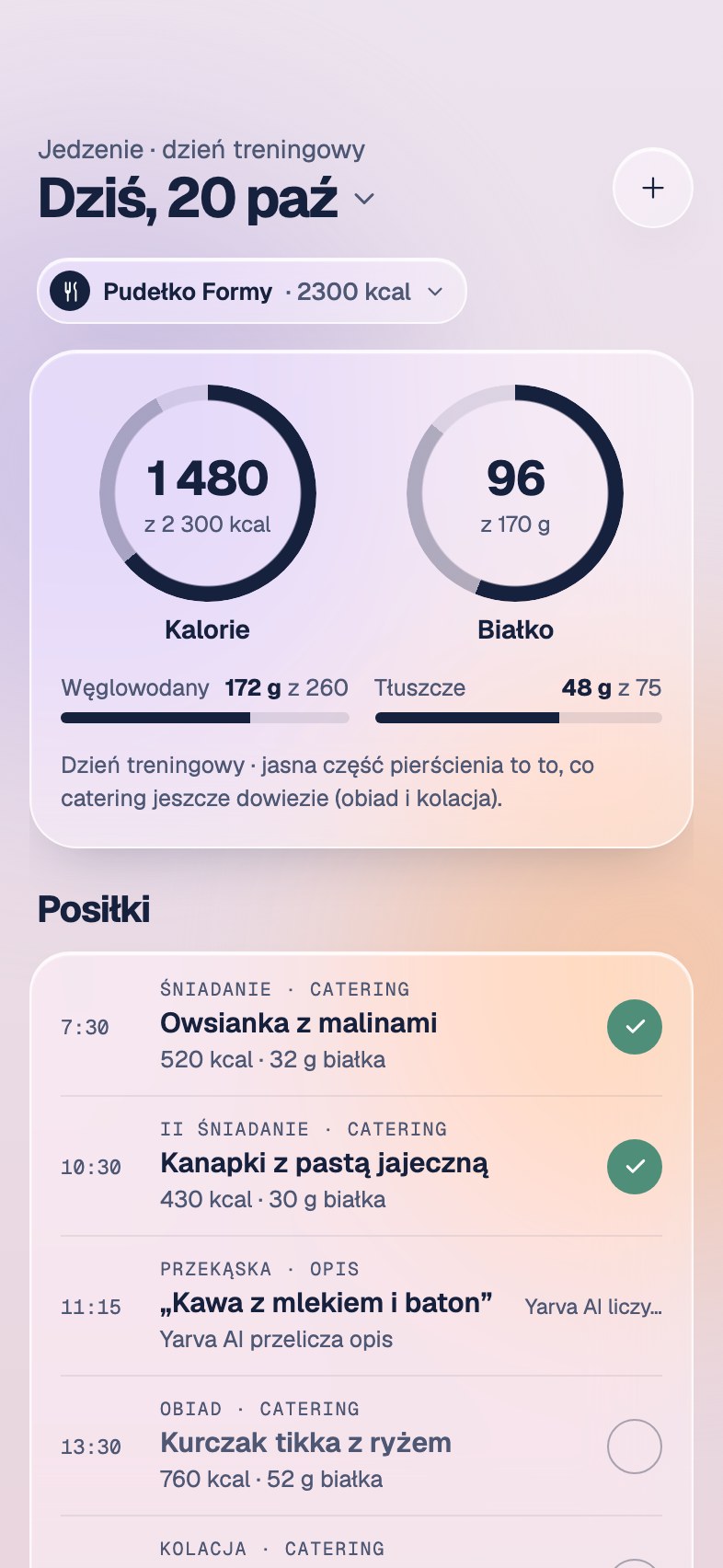 Ekran Jedzenie z kaloriami i białkiem